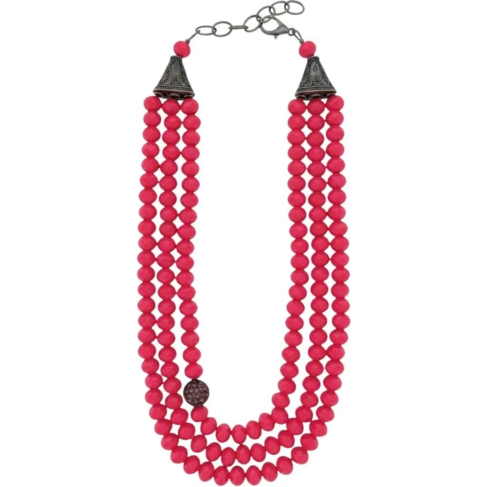 Triple Strand Necklace Womens Hot Pink Beaded Statement Pavé Ball